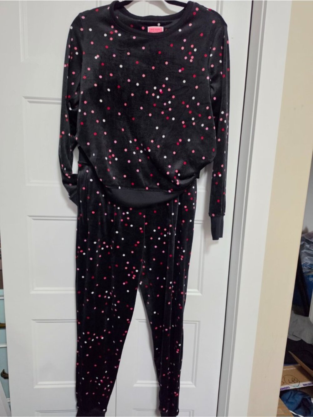 Kate Spade Velvet Pajama Set with Black Pink Dot Print Small